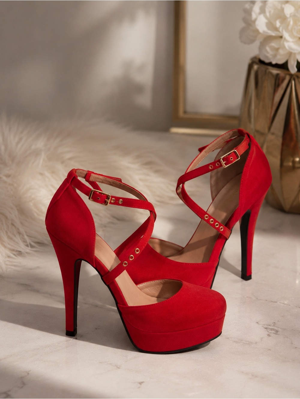 Red Strappy Platform High Heels - Women's Elegant Pumps